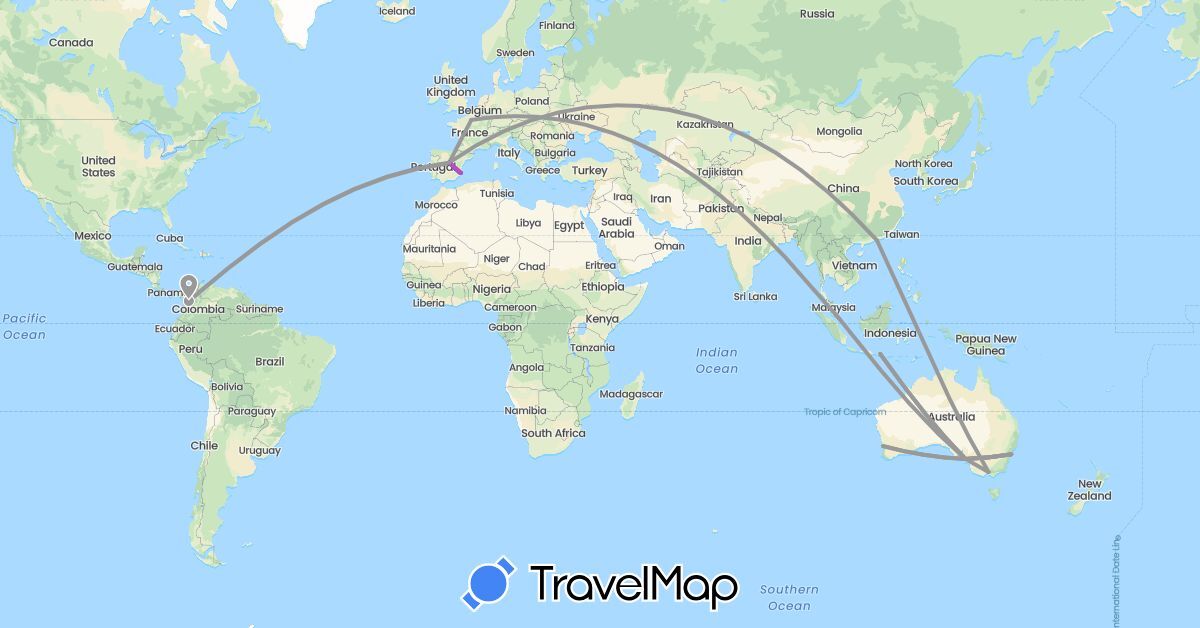 TravelMap itinerary: driving, plane, train in Australia, China, Colombia, Spain, France, Indonesia, Singapore (Asia, Europe, Oceania, South America)